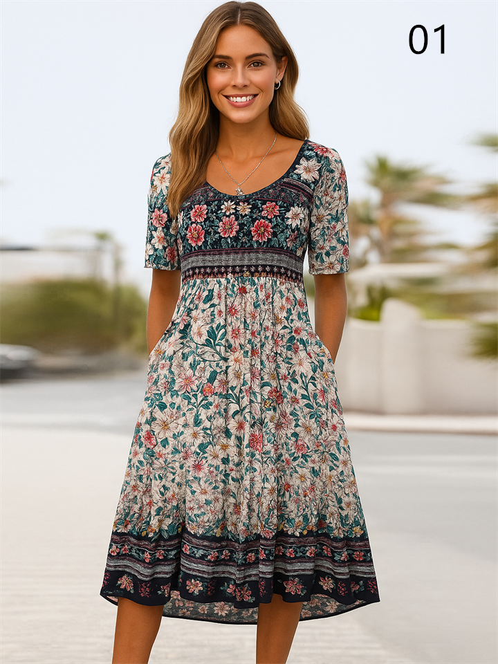Women's Short Sleeved Floral Dresses with Pockets