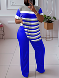 Plus Size Women's Loose Fit Color Block Striped Short Sleeve Shirt and Pants Set
