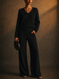 Women Ribbed Knit 2 Piece V Neck Drop Shoulder Wide Leg Pants Lounge Set