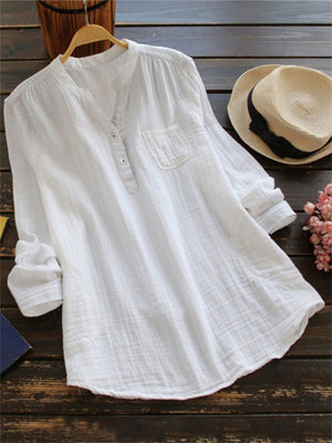 Small V Neck Cotton Blend Long Sleeve Oversized Shirt for Women