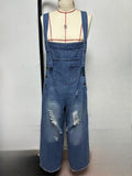 Female ClassicCasual Solid Color Ripped Denim Overall Jumpsuits