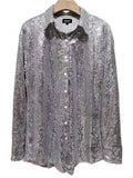 Women's Solid Color Bling Sequin Lapel Long Sleeve Blouses