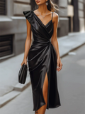 Women's Black Solid Color Asymmetric Shoulder Strap Split Dress