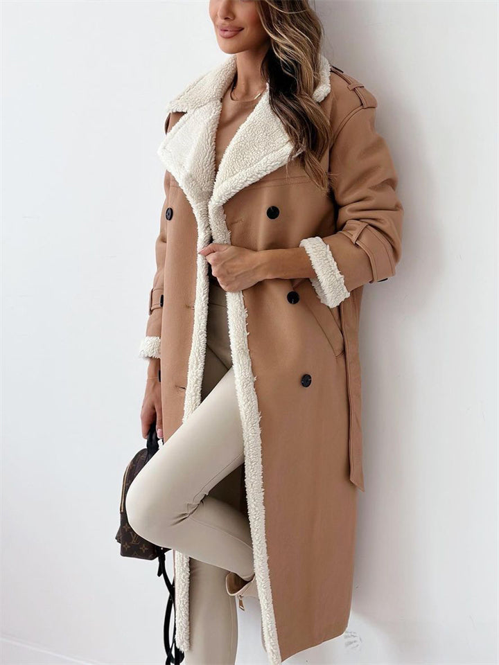 Ladies Elegant Lapel Plush Lining Mid-Length Coat with Waistband