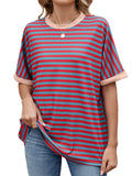 Women's Casual Contrast Color Striped Round Neck Short Sleeve T-Shirts
