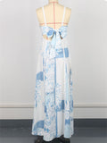 Women's Geometry Print Blue Square Neck Strappy Dress