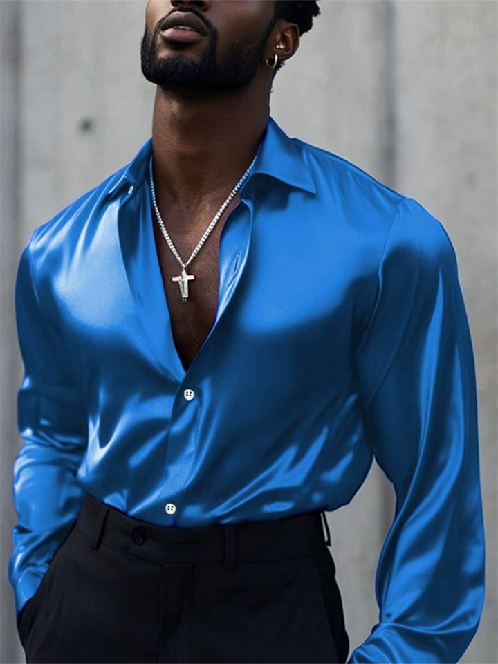 Men's Autumn Solid Color Silky Lapel Button Up Long Sleeve Shirts