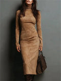 Vintage Slim Fit Velvet High Neck Long Sleeve Midi Dress for Women