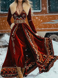 Women's Elegant Velvet Long Dress with Boho Print and Faux Fur Trim‌