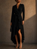 Women Long Sleeve Wrap High Low Ruffle Evening Dress