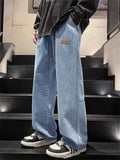 Men's Streetwear Faded Drawstring Elastic Waistband Wide Leg Denim Pants