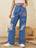 Women's Pink Heart Letter Graffiti Street Light Blue Jeans