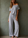 Women 2 Piece Off Shoulder High Waist Wide Leg Lounge Set