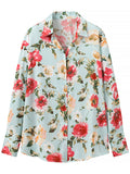 Women's Floral Print Lapel Holiday Style Long Sleeve Blouses