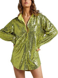 Women's Solid Color Bling Sequin Lapel Long Sleeve Blouses