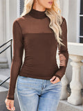 Women's Solid Color Mesh Patchwork High Neck Long-sleeve Undershirt