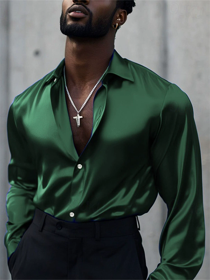 Men's Autumn Solid Color Silky Lapel Button Up Long Sleeve Shirts