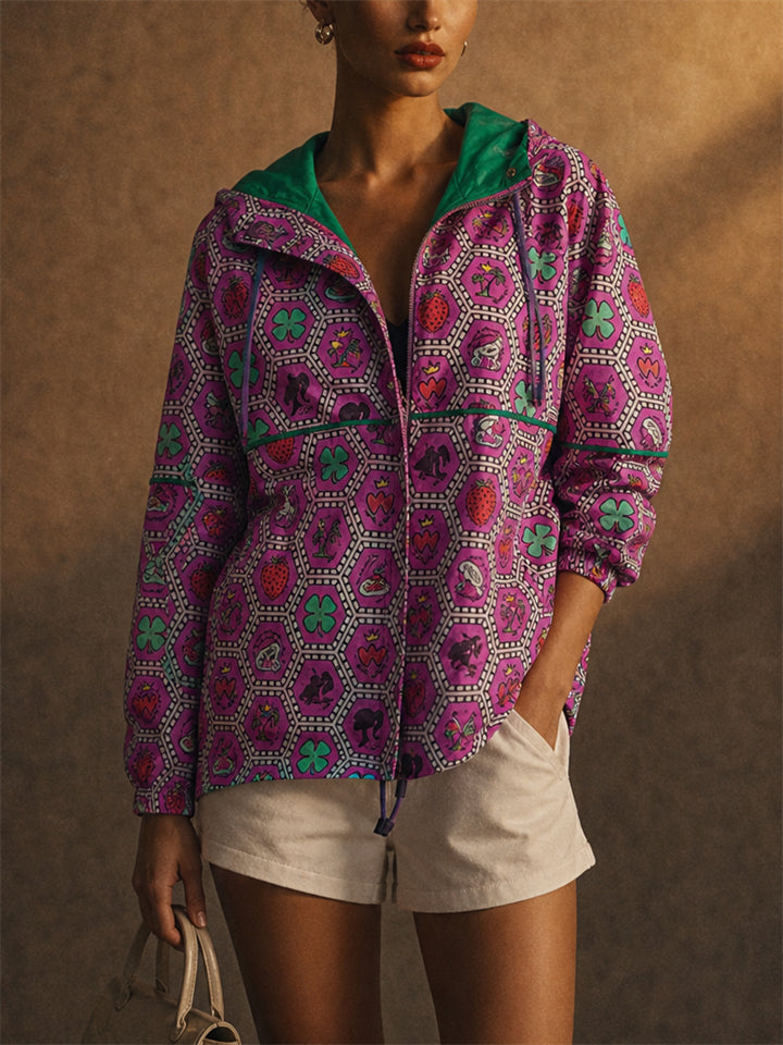 Women Colorblock Graphic Print Hooded Windbreaker Zip Up Jacket
