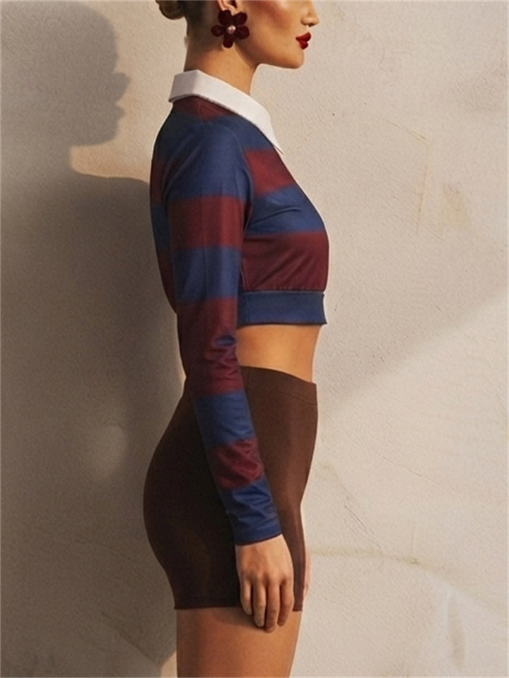 Women Striped Long Sleeve Rugby Polo Crop Top