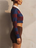 Women Striped Long Sleeve Rugby Polo Crop Top