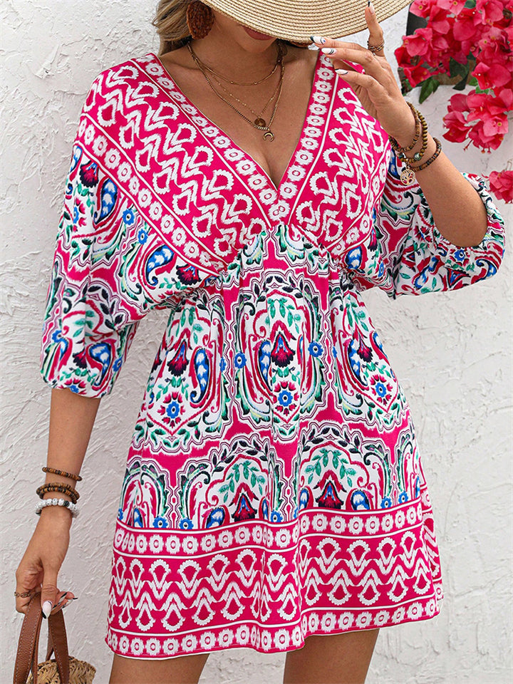 Women's Boho Holiday Style Print V Neck Mini Dress