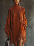 High Neck Orange Corduroy Fringed Loose Midi Dress for Women‌