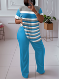 Plus Size Women's Loose Fit Color Block Striped Short Sleeve Shirt and Pants Set