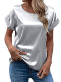 Women's Summer Simple Satin Solid Color Round Neck Short Sleeve Shirts