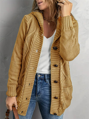 Women's Solid Color Twisted Pockets Hooded Cardigan Sweaters