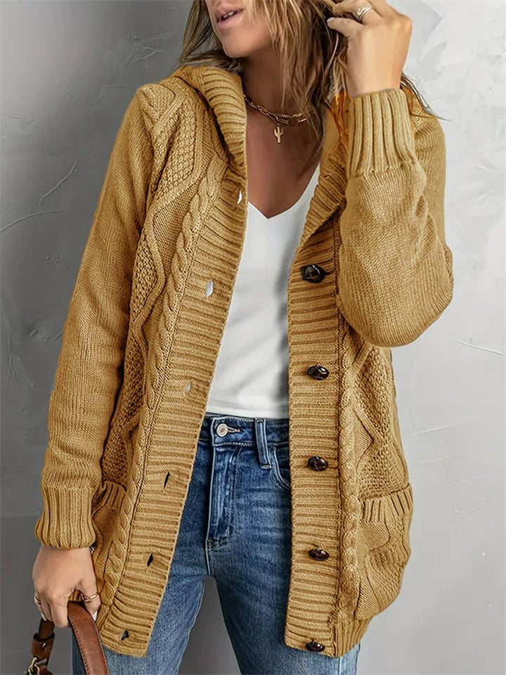 Women's Solid Color Twisted Pockets Hooded Cardigan Sweaters