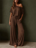 Women 2 Piece Off Shoulder High Waist Wide Leg Lounge Set