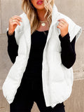 Women's Casual Solid Color Zip Up Pockets Stand Collar Sleeveless Vest Padded Coats