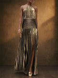 Women Metallic Pleated Halter Backless Slit Maxi Dress