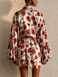 Women Red Rose Floral Lantern Sleeve Wrap Mini Dress
