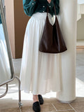 French Style Women's Solid Color A-line Pleated Maxi Skirt