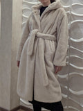 Women's Winter Oversized Beige Long Faux Fur Hooded Coat with Belt