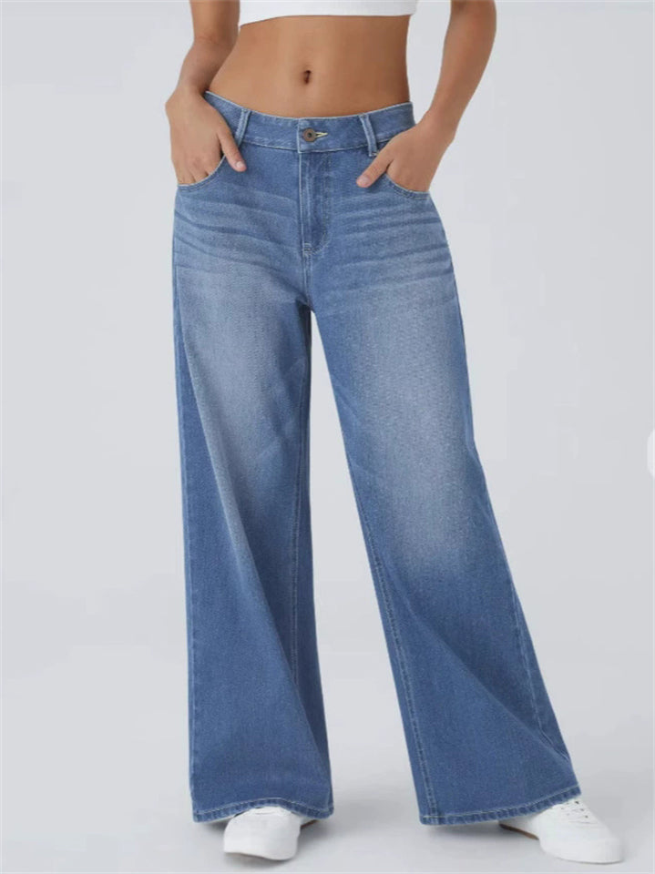 Women's Distressed Whisker Mid-Waist Wide Leg Denim Pants