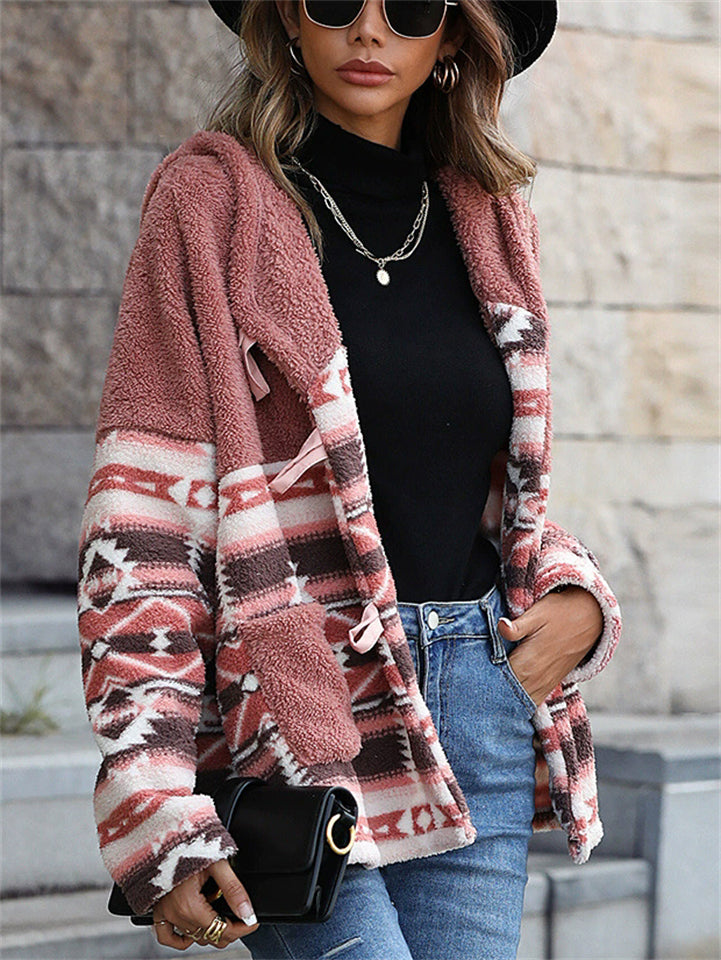 Women's Autumn Contrast Color Printed Patchwork Button Up Fleece Coats