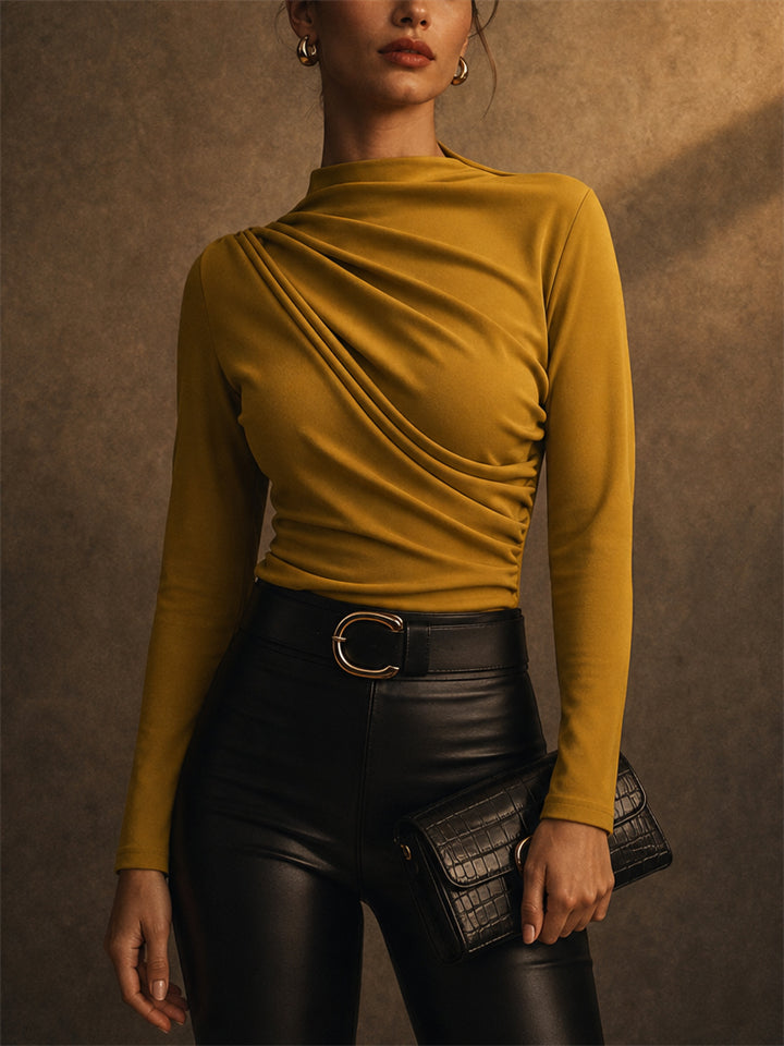 Womens Elegant Mock Neck Ruched Draped Long Sleeve Slim Top