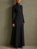 Womens Casual Black Half Zip Long Sleeve Maxi Dress