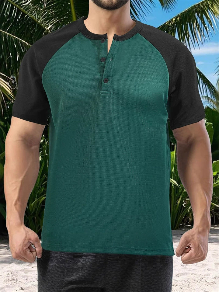 Men's Summer Contrast Color Round Neck Short Sleeve Henry Shirts