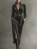 A‌utumn Elegant Black Pullover Side Slit High Waist Maxi Dress for Women‌