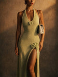 Women's Summer 3D Rose Flower High Slit Halter Knit Maxi Dress