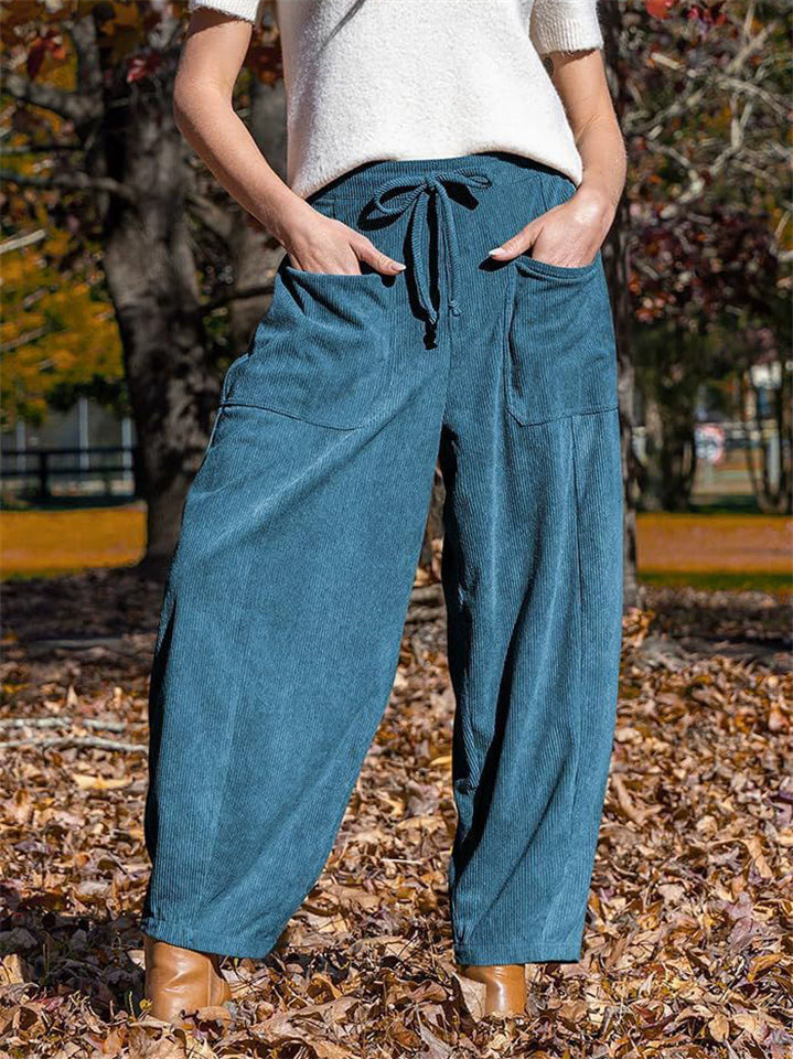 ‌Drawstring Corduroy Pockets Wide Leg Cropped Pants for Women‌