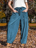 ‌Drawstring Corduroy Pockets Wide Leg Cropped Pants for Women‌