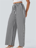 Women's Casual Striped Mid-Rise Drawstring Wide Leg Pants