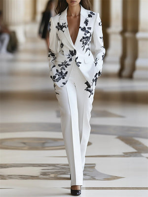 Women's Chic White Floral Printed Single Breasted Suit Set