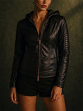 Women's Cool Hooded PU Leather Jacket with Warm Lining