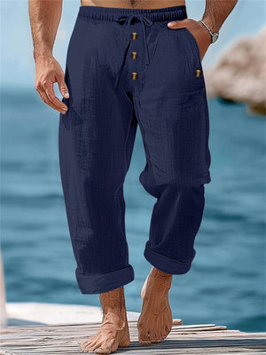 Mens' Casual Solid Color Cotton Linen Drawstring Pants