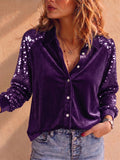 Women Sequin Velvet Button Down Long Sleeve Party Blouse